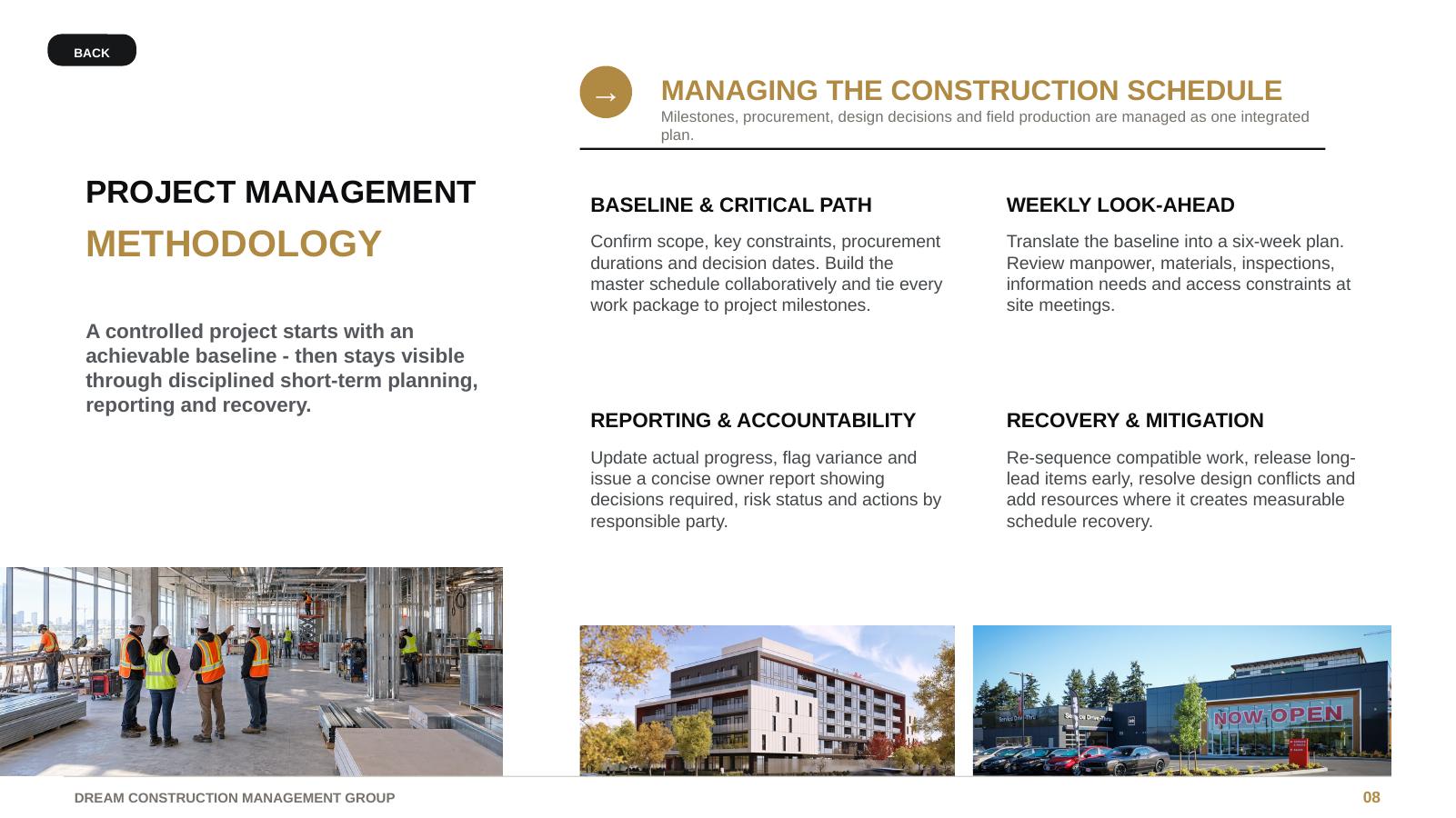 DCMG project-management methodology, with construction-team photography