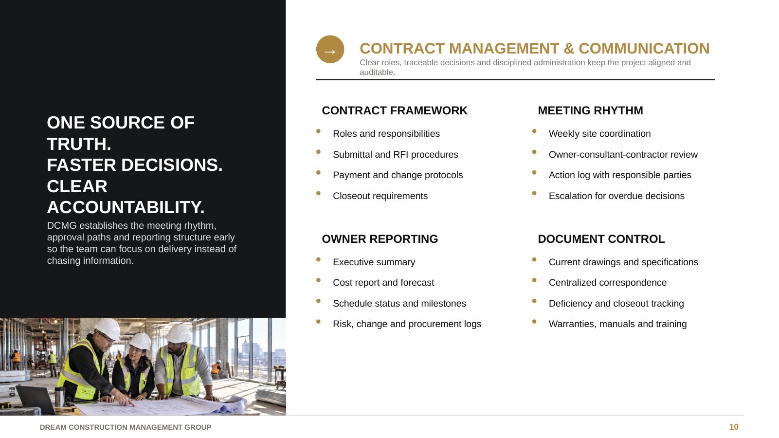 DCMG contract management and reporting, with on-site team photography